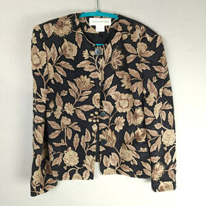 Jones New York Silk Floral Print Brown Tan Buttoned Jacket Size 8
